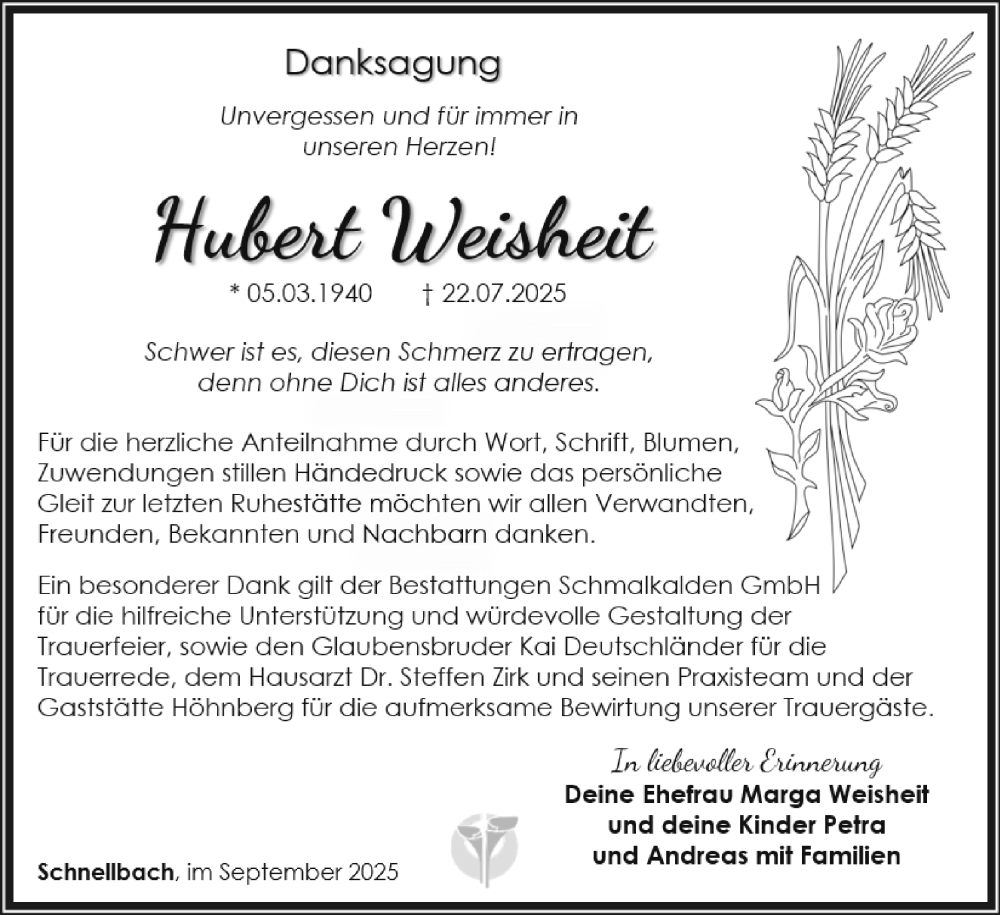  Traueranzeige für Hubert Weisheit vom 05.09.2025 aus Südthüringer Presse