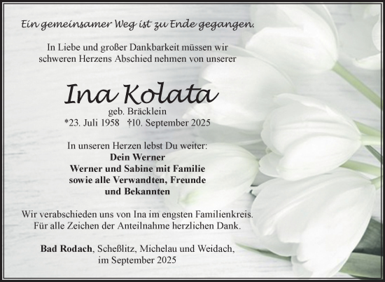 Traueranzeige von Ina Kolata von Neue Presse Coburg