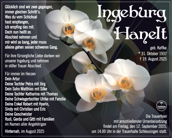 Traueranzeige von Ingeburg Hanelt von Südthüringer Presse