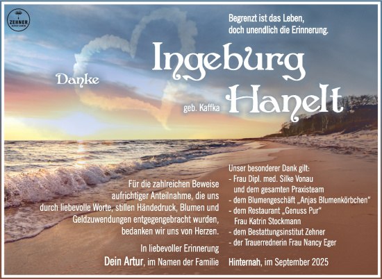 Traueranzeige von Ingeburg Hanelt von Südthüringer Presse