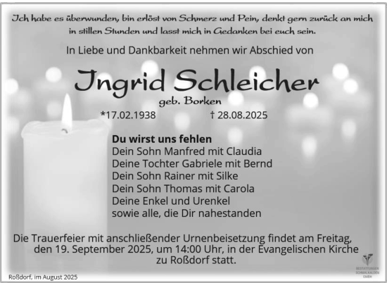 Traueranzeige von Ingrid Schleicher von Südthüringer Presse