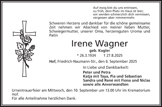 Traueranzeige von Irene Wagner von Frankenpost