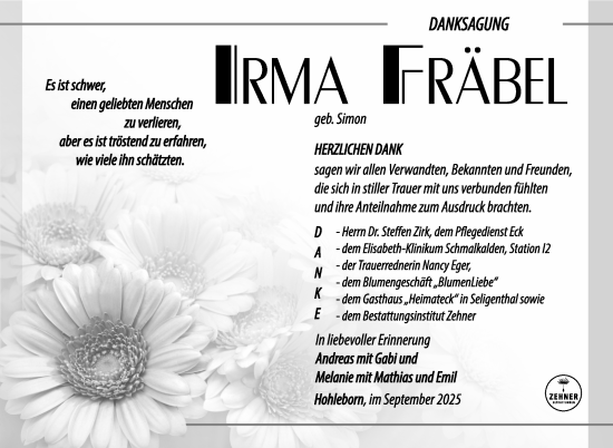 Traueranzeige von Irma Fräbel von Südthüringer Presse