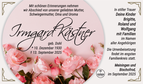 Traueranzeige von Irmgard Kästner von Südthüringer Presse