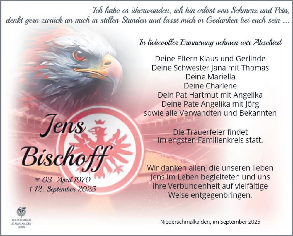  Traueranzeige für Jens Bischoff vom 19.09.2025 aus Südthüringer Presse