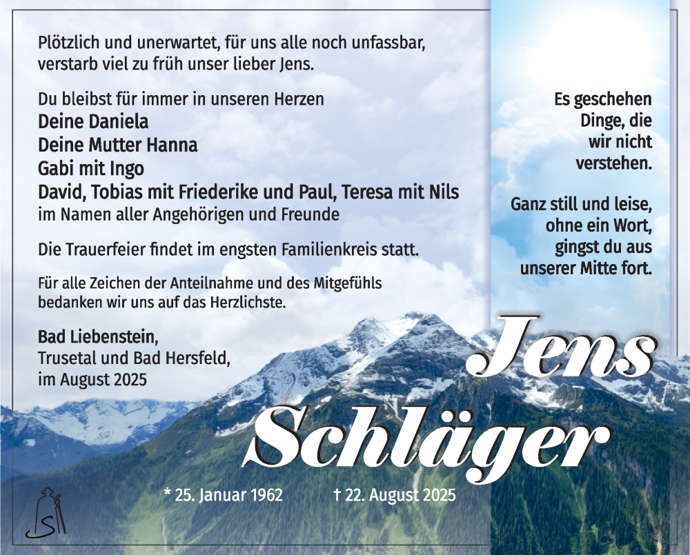  Traueranzeige für Jens Schläger vom 06.09.2025 aus Südthüringer Presse