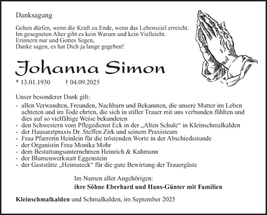 Traueranzeige von Johanna Simon von Südthüringer Presse