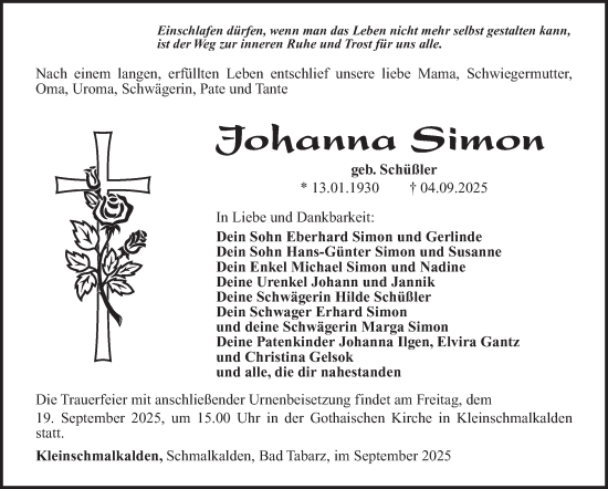 Traueranzeige von Johanna Simon von Südthüringer Presse