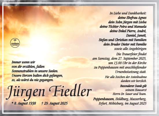 Traueranzeige von Jürgen Fiedler von Südthüringer Presse