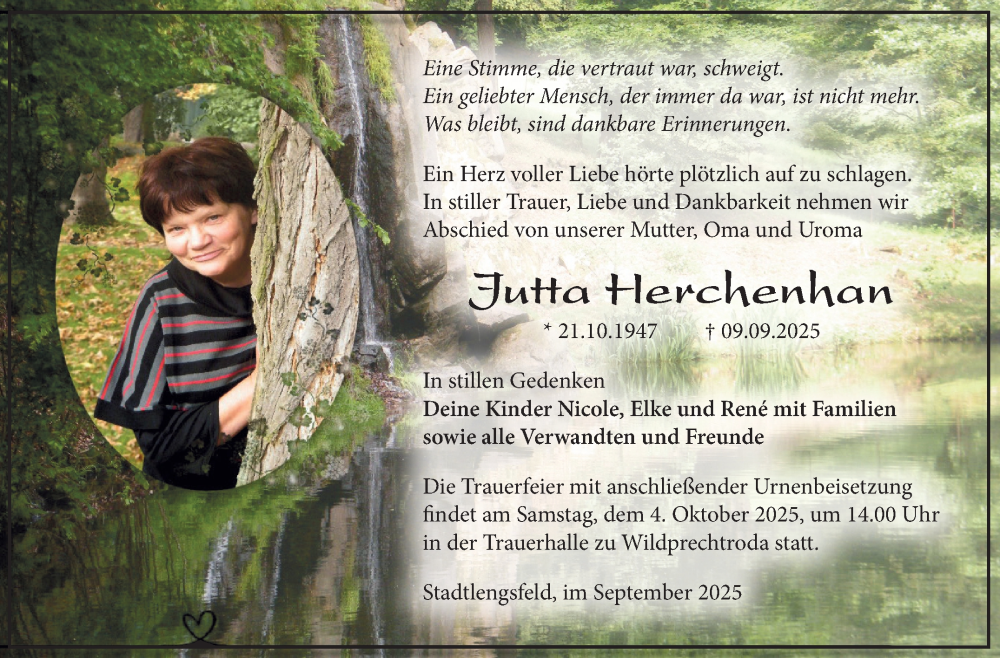  Traueranzeige für Jutta Herchenhan vom 27.09.2025 aus Südthüringer Presse