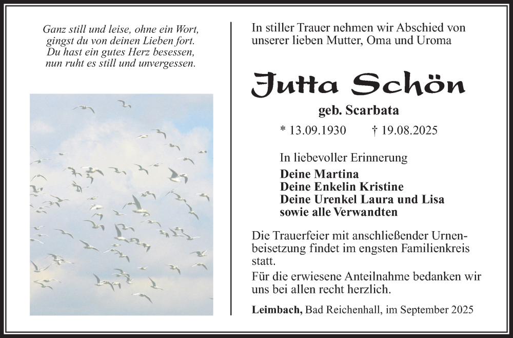  Traueranzeige für Jutta Schön vom 06.09.2025 aus Südthüringer Presse
