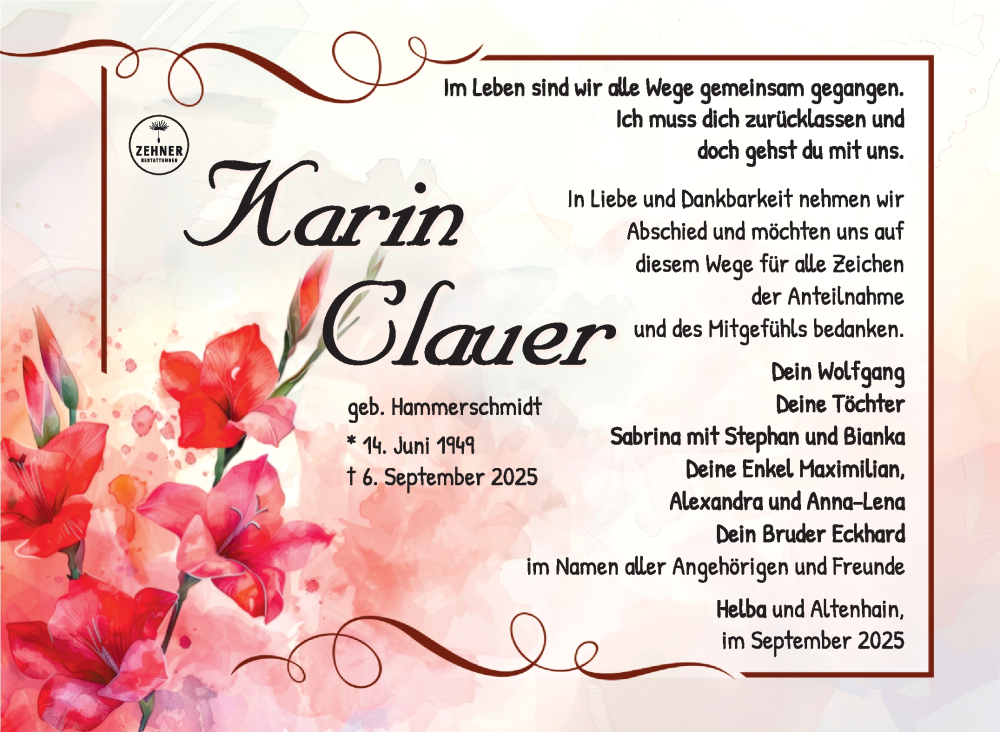  Traueranzeige für Karin Clauer vom 19.09.2025 aus Südthüringer Presse
