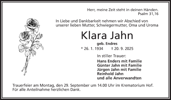 Traueranzeige von Klara Jahn von Frankenpost