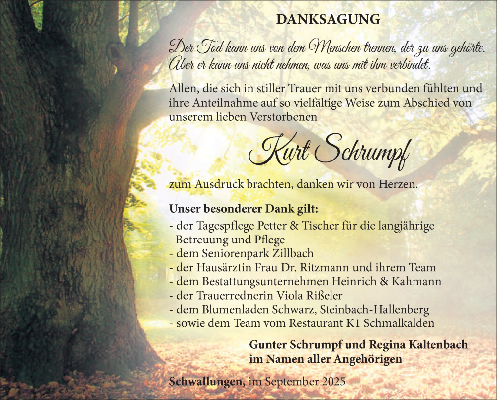  Traueranzeige für Kurt Schrumpf vom 26.09.2025 aus Südthüringer Presse