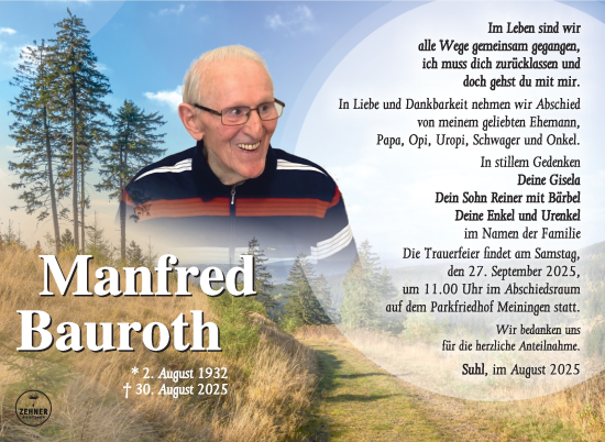Traueranzeige von Manfred Bauroth von Südthüringer Presse