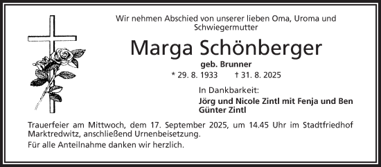 Traueranzeige von Marga Schönberger von Frankenpost