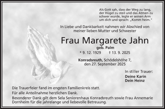 Traueranzeige von Margarete Jahn von Frankenpost