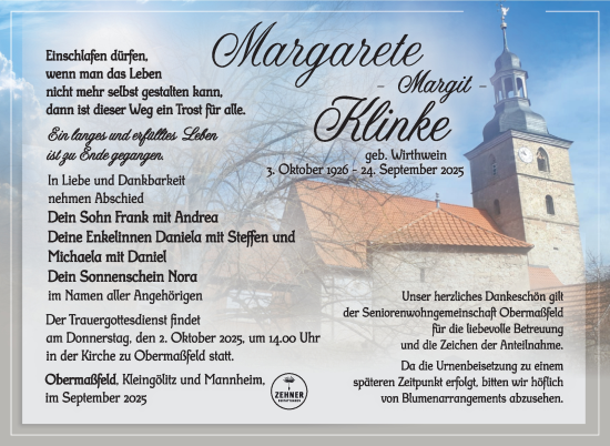 Traueranzeige von Margarete Klinke von Südthüringer Presse
