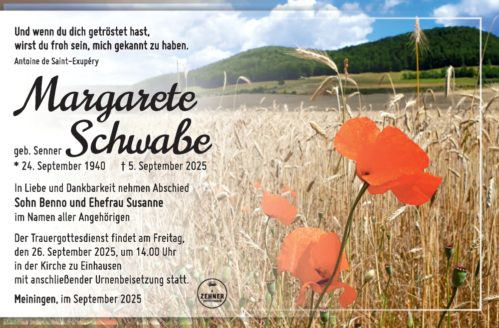  Traueranzeige für Margarete Schwabe vom 13.09.2025 aus Südthüringer Presse