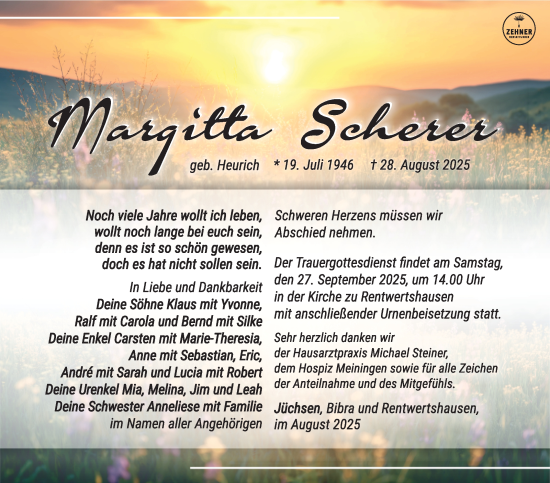 Traueranzeige von Margitta Scherer von Südthüringer Presse