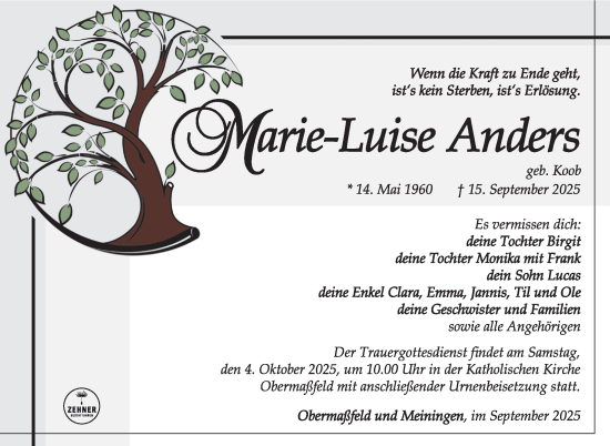 Traueranzeige von Marie-Luise Anders von Südthüringer Presse