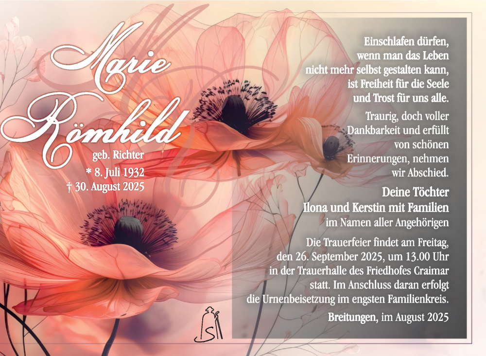  Traueranzeige für Marie Römhild vom 19.09.2025 aus Südthüringer Presse
