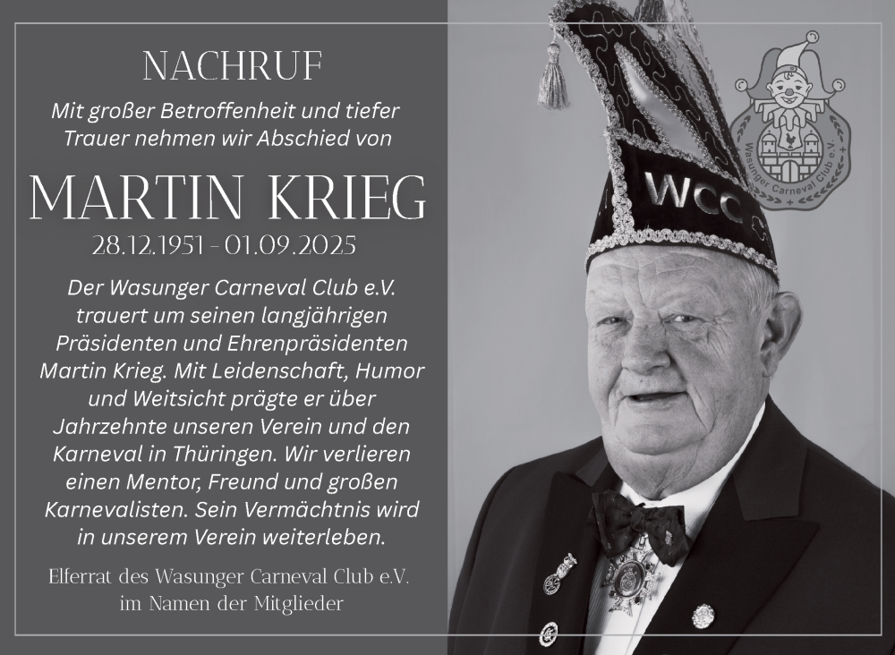  Traueranzeige für Martin Krieg vom 06.09.2025 aus Südthüringer Presse