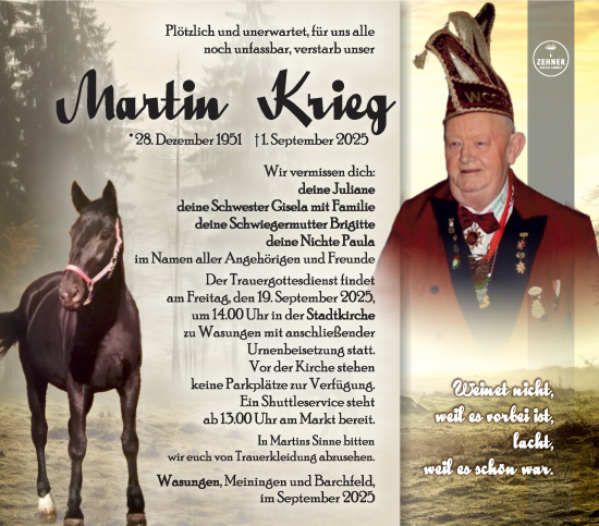 Traueranzeige von Martin Krieg von Südthüringer Presse