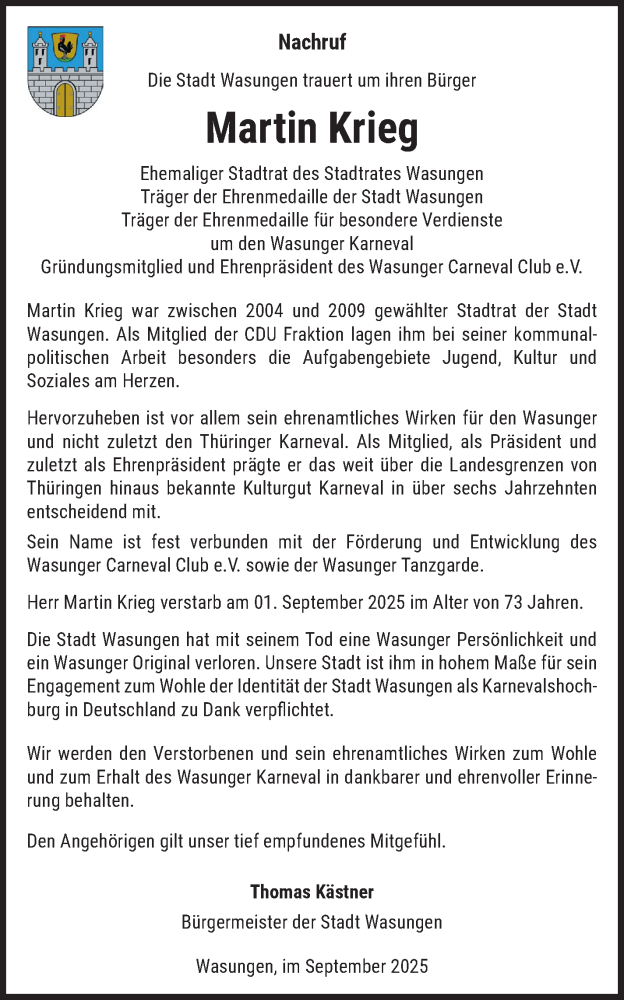 Traueranzeige für Martin Krieg vom 19.09.2025 aus Südthüringer Presse