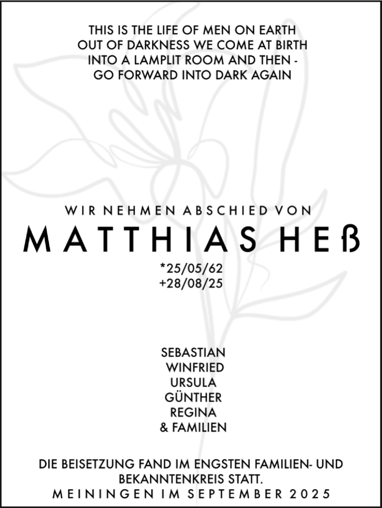  Traueranzeige für Matthias Heß vom 27.09.2025 aus Südthüringer Presse