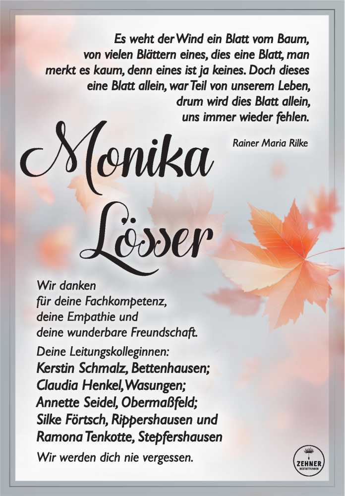  Traueranzeige für Monika Lösser vom 06.09.2025 aus Südthüringer Presse