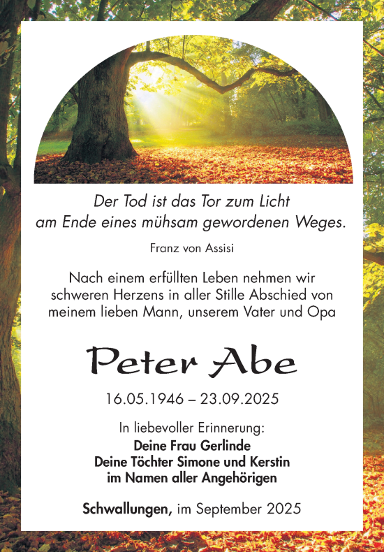 Traueranzeige von Peter Abe von Südthüringer Presse