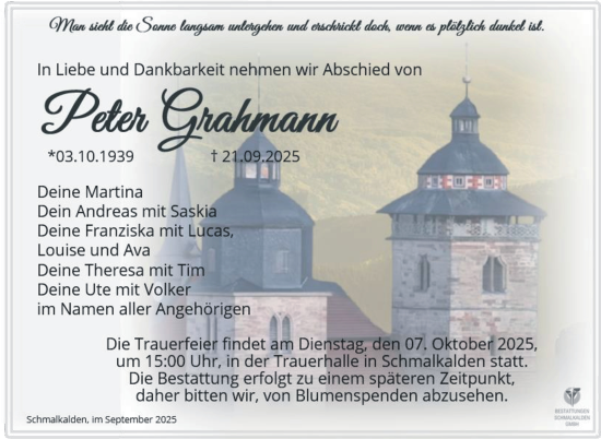 Traueranzeige von Peter Grahmann von Südthüringer Presse
