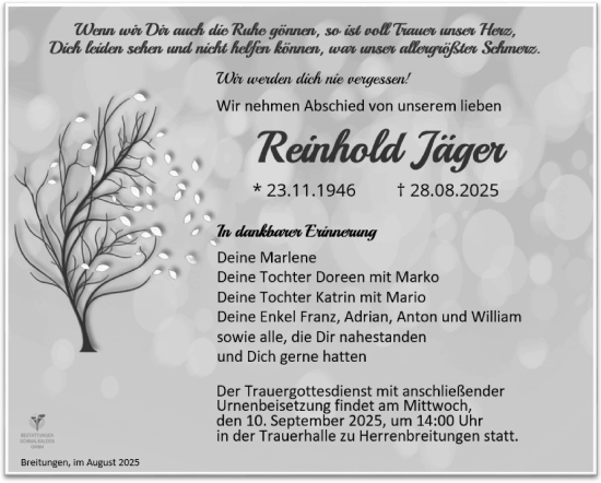 Traueranzeige von Reinhold Jäger von Südthüringer Presse