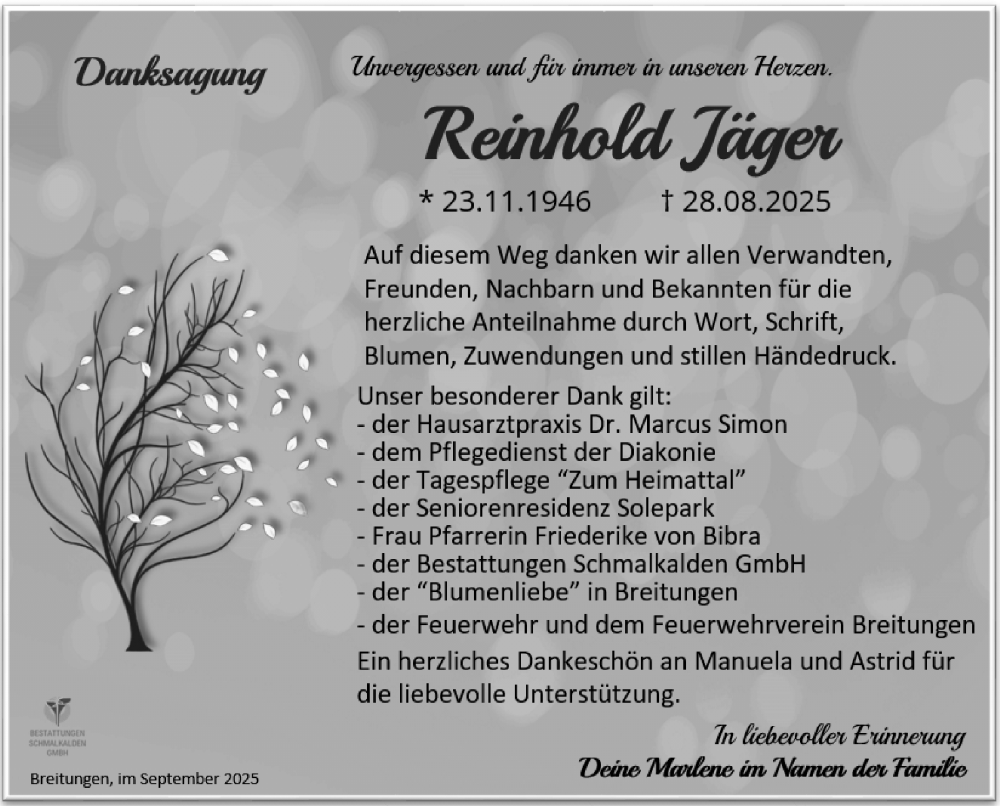  Traueranzeige für Reinhold Jäger vom 19.09.2025 aus Südthüringer Presse