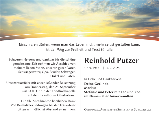 Traueranzeige von Reinhold Putzer von Frankenpost