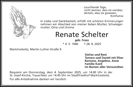 Traueranzeige von Renate Schelter von Frankenpost
