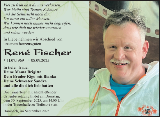 Traueranzeige von René Fischer von Südthüringer Presse