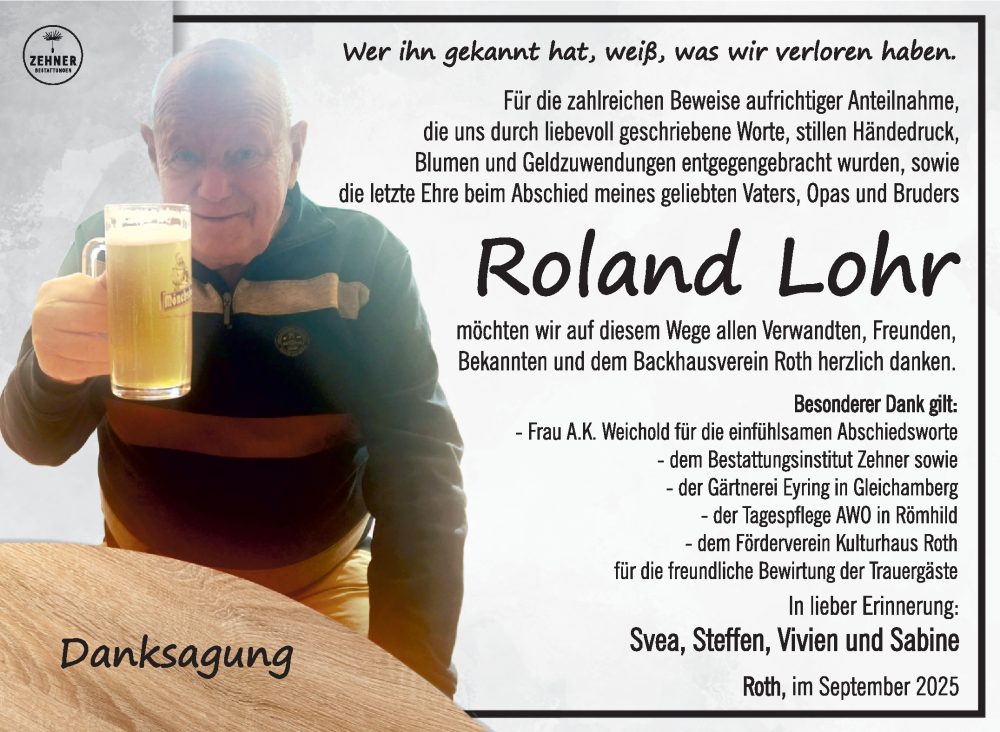  Traueranzeige für Roland Lohr vom 19.09.2025 aus Südthüringer Presse