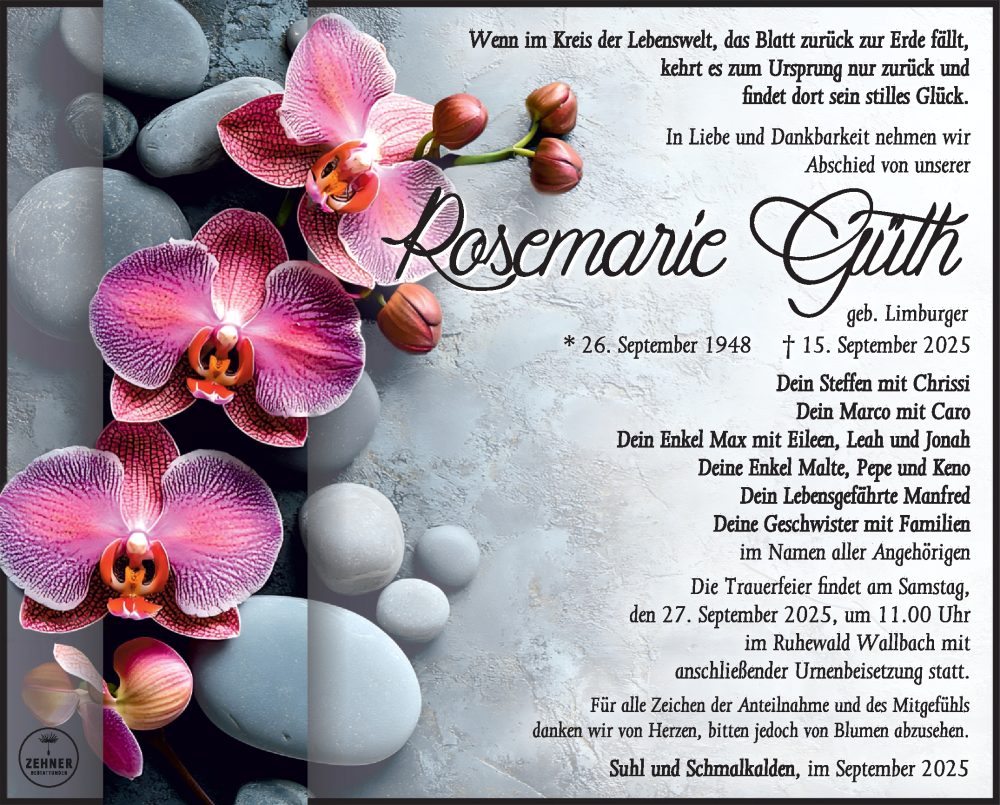  Traueranzeige für Rosemarie Güth vom 19.09.2025 aus Südthüringer Presse