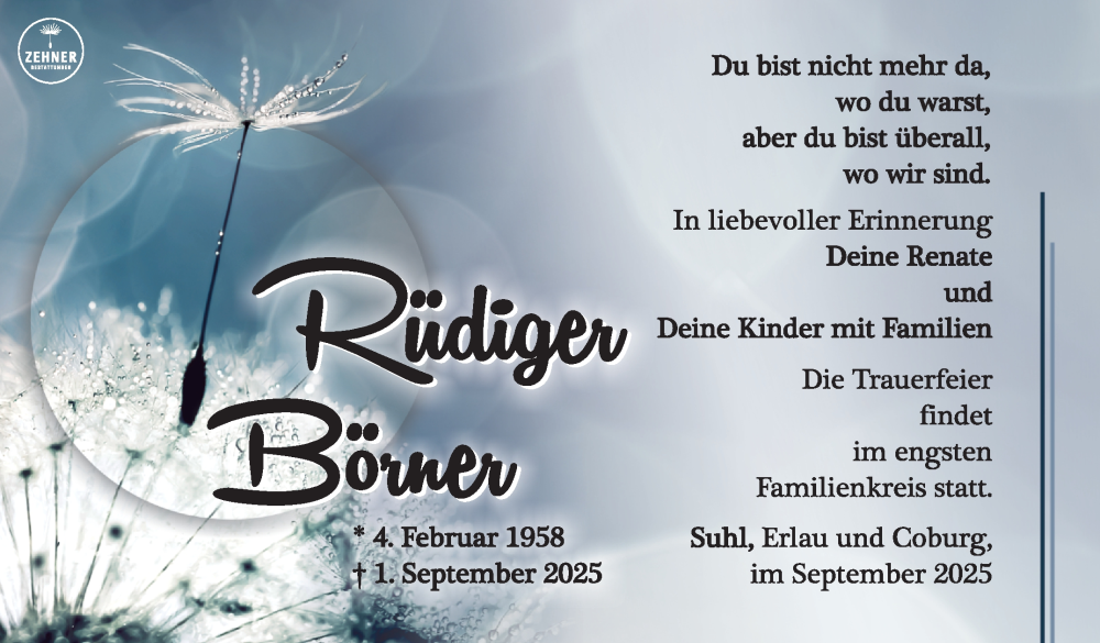  Traueranzeige für Rüdiger Börner vom 26.09.2025 aus Südthüringer Presse