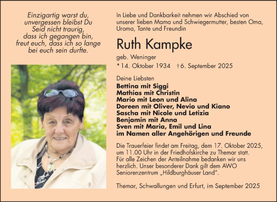 Traueranzeige von Ruth Kampke von Südthüringer Presse