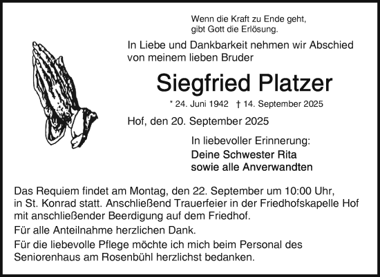 Traueranzeige von Siegfried Platzer von Frankenpost