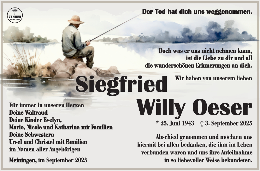  Traueranzeige für Siegfried Willy Oeser vom 19.09.2025 aus Südthüringer Presse