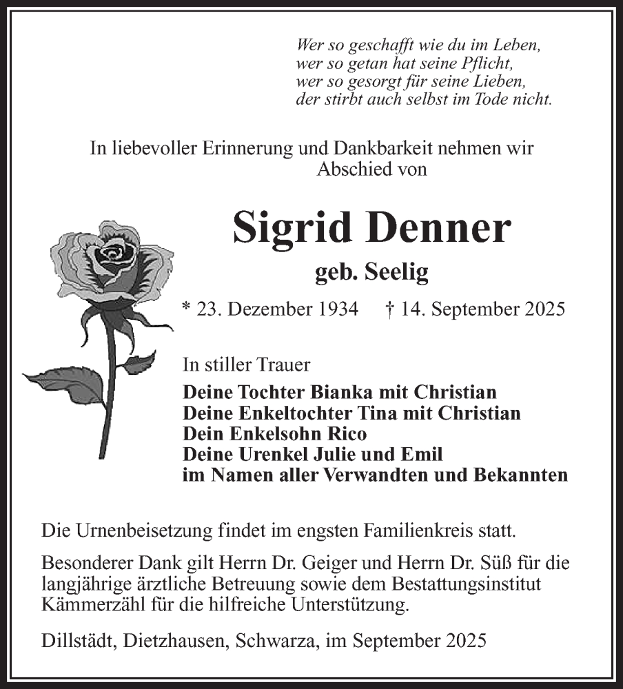 Traueranzeige für Sigrid Denner vom 27.09.2025 aus Südthüringer Presse