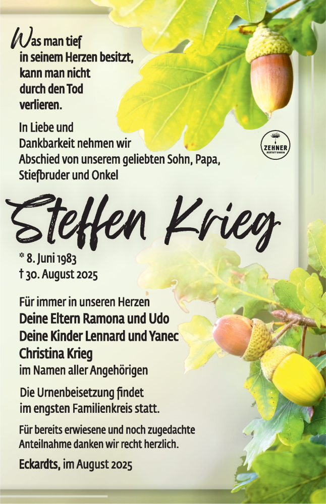 Traueranzeige für Steffen Krieg vom 19.09.2025 aus Südthüringer Presse