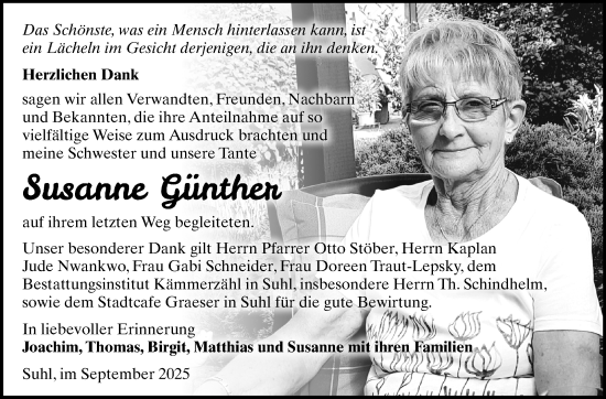 Traueranzeige von Susanne Günther von Südthüringer Presse