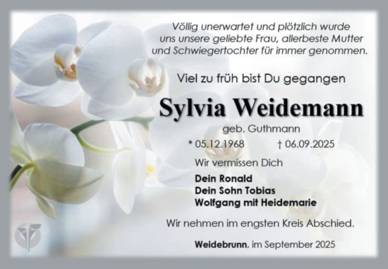 Traueranzeige von Sylvia Weidemann von Südthüringer Presse