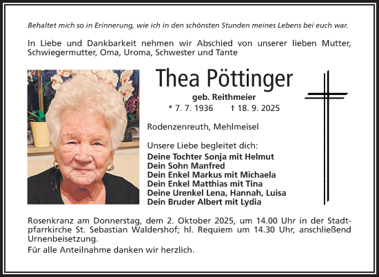 Traueranzeige von Thea Pöttinger von Frankenpost