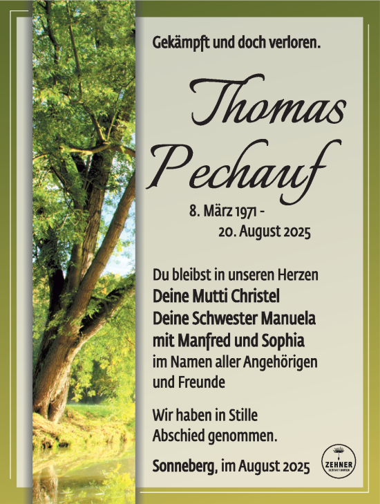 Traueranzeige von Thomas Pechauf von Südthüringer Presse